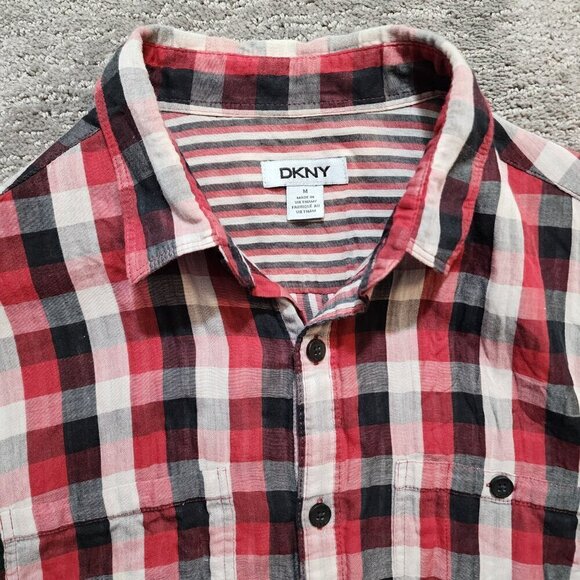 DKNY Classic Fit Button Shirt Medium Long Sleeve Checkered Striped Lightweight - Picture 2 of 11